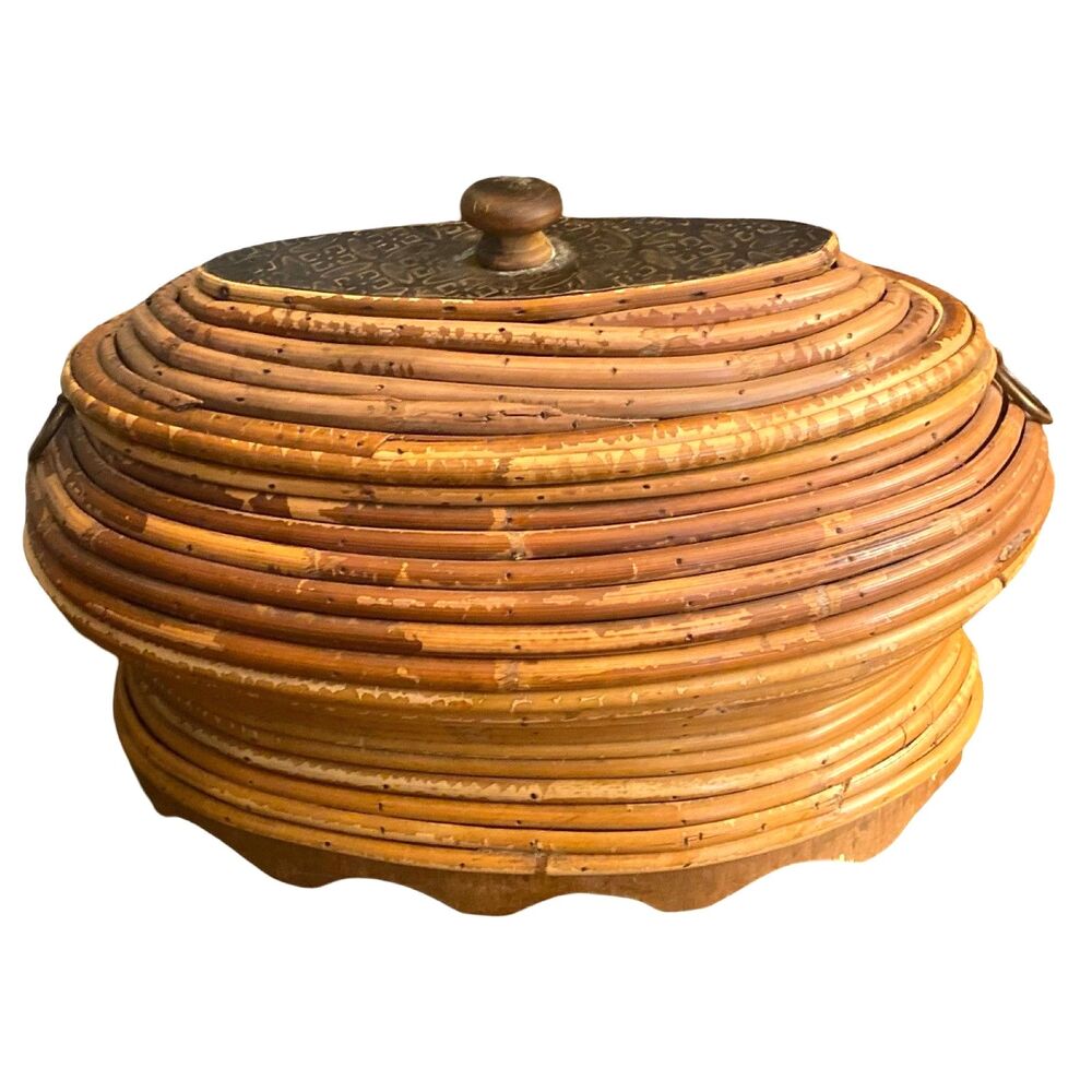 Vintage Rattan Pencil Reed Basket Wood Interior Oval Lid